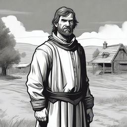 A dark DND illustration in black and white of a 30-year-old medieval minor landowner wearing a grizzled expression