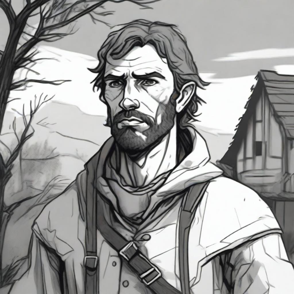 A dark DND illustration in black and white of a 30-year-old medieval minor landowner wearing a grizzled expression