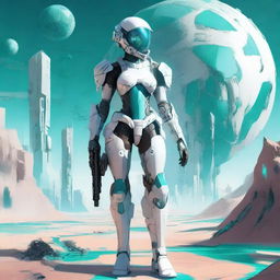 A full-body futuristic armored space soldier concept art featuring a female character with white armor and extravagant teal accents