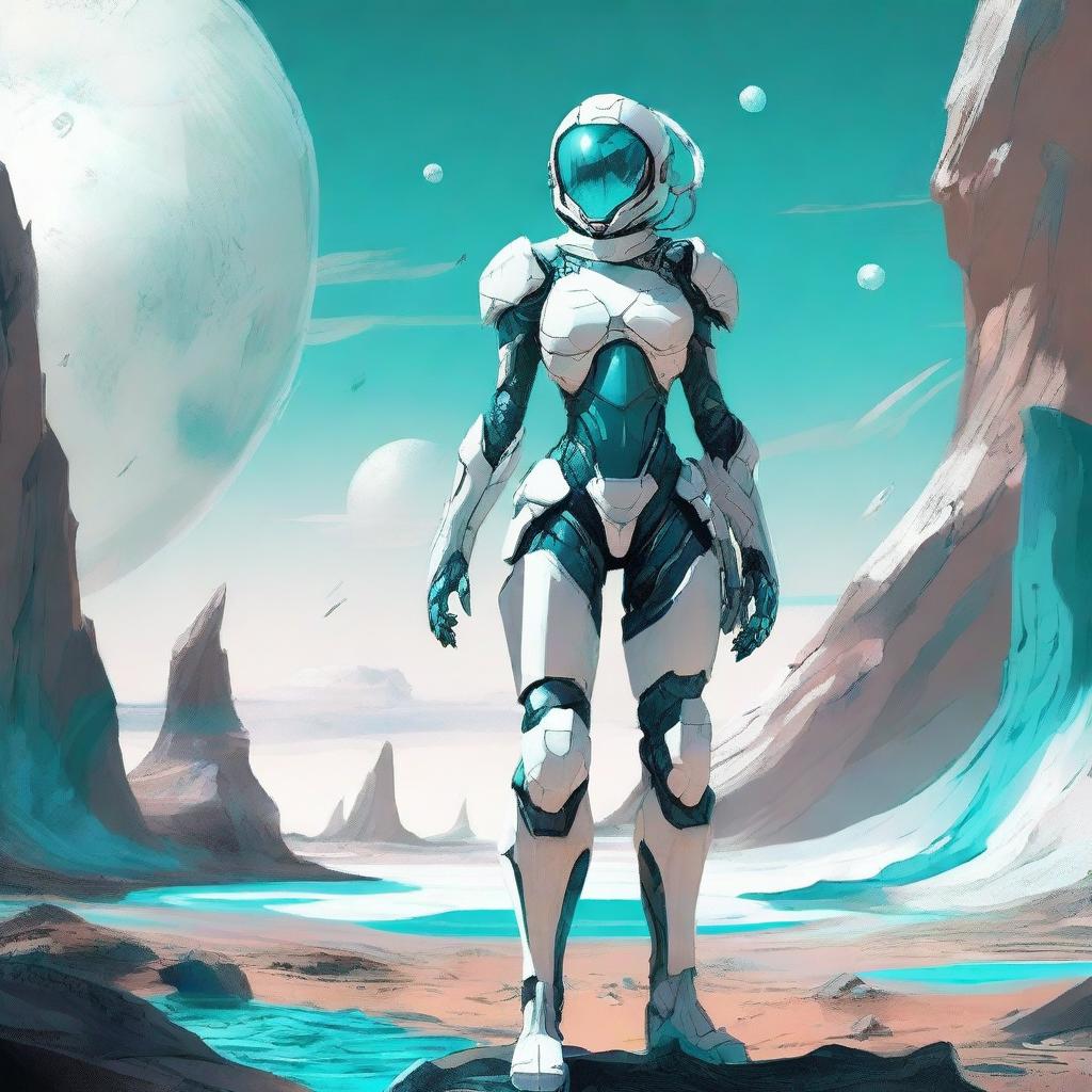 A full-body futuristic armored space soldier concept art featuring a female character with white armor and extravagant teal accents