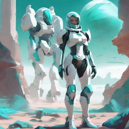 A full-body futuristic armored space soldier concept art featuring a female character with white armor and extravagant teal accents