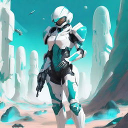 A full-body futuristic armored space soldier concept art featuring a female character with white armor and extravagant teal accents