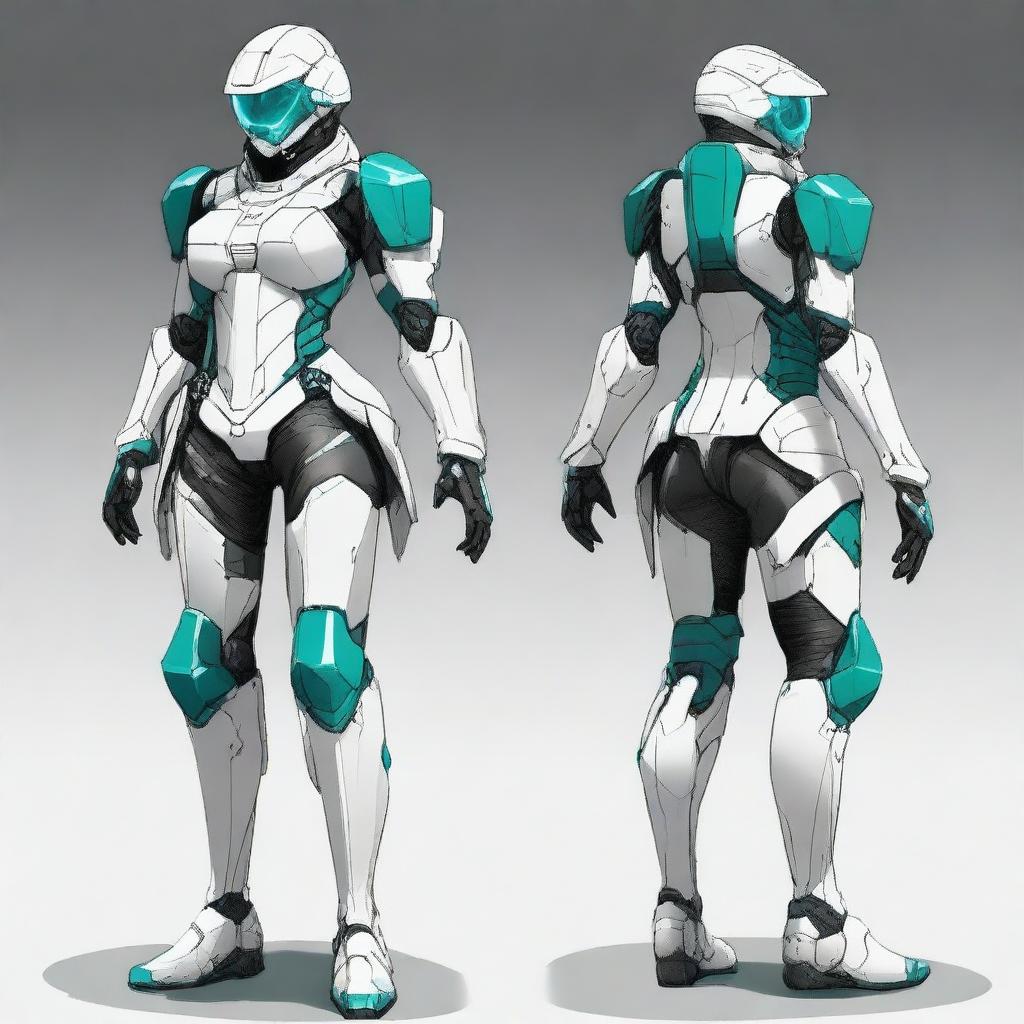 A full-body futuristic armored space soldier concept art featuring a female character with white armor and extravagant teal accents