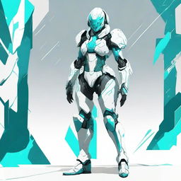 A full-body futuristic armored space soldier concept art featuring a female character with white armor and extravagant teal accents