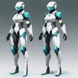 A full-body futuristic armored space soldier concept art featuring a female character with white armor and extravagant teal accents