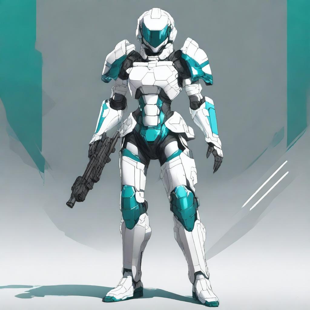 A full-body futuristic armored space soldier concept art featuring a female character with white armor and extravagant teal accents