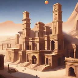 A sprawling ancient city located in a vast desert, featuring tall sandstone buildings, intricate carvings, and bustling marketplaces