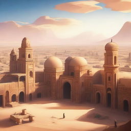 A sprawling ancient city located in a vast desert, featuring tall sandstone buildings, intricate carvings, and bustling marketplaces