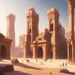 A sprawling ancient city located in a vast desert, featuring tall sandstone buildings, intricate carvings, and bustling marketplaces