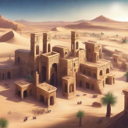 A sprawling ancient city located in a vast desert, featuring tall sandstone buildings, intricate carvings, and bustling marketplaces