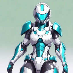 A full-body futuristic armored space soldier concept art featuring a helmetless female character with white armor and extravagant teal accents