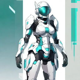 A full-body futuristic armored space soldier concept art featuring a helmetless female character with white armor and extravagant teal accents