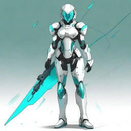 A full-body futuristic armored space soldier concept art featuring a helmetless female character with white armor and extravagant teal accents