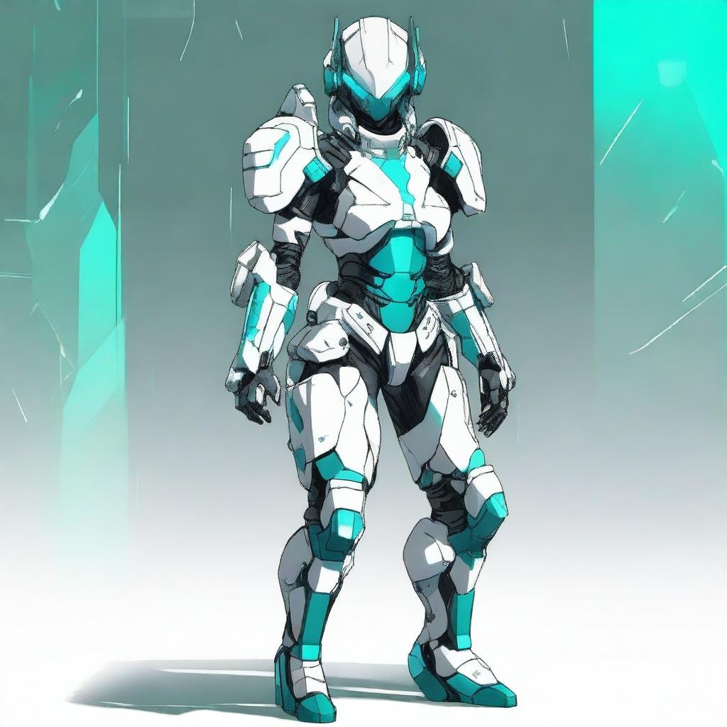 A full-body futuristic armored space soldier concept art featuring a helmetless female character with white armor and extravagant teal accents