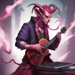 A tiefling bard with red skin and bright pink hair