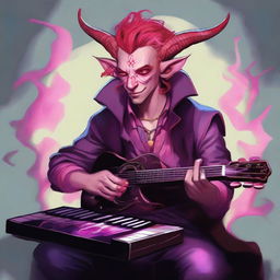 A tiefling bard with red skin and bright pink hair