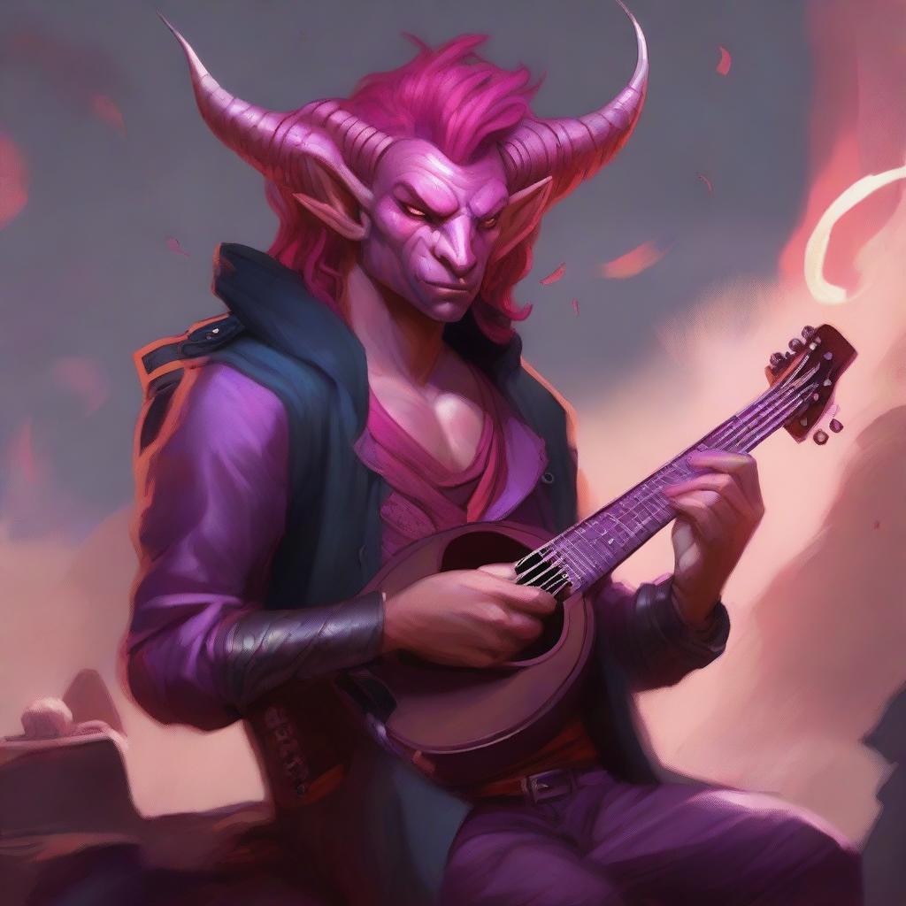 A tiefling bard with red skin and bright pink hair