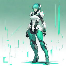 A full-body futuristic armored space soldier concept art featuring a helmetless female character with green cyberpunk hair, white armor, and extravagant teal accents