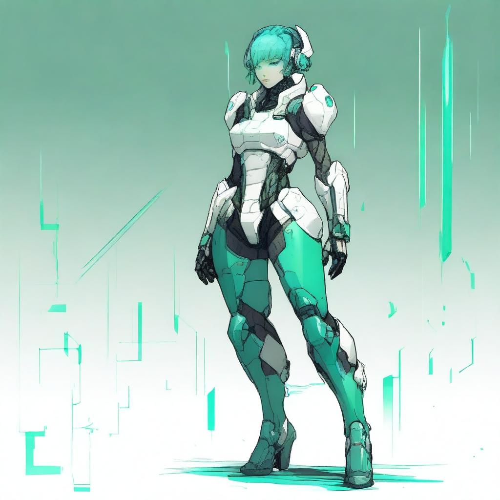 A full-body futuristic armored space soldier concept art featuring a helmetless female character with green cyberpunk hair, white armor, and extravagant teal accents