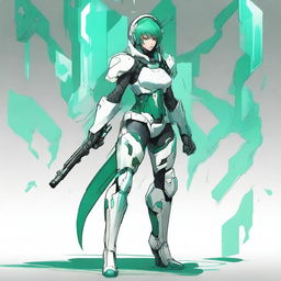 A full-body futuristic armored space soldier concept art featuring a helmetless female character with green cyberpunk hair, white armor, and extravagant teal accents