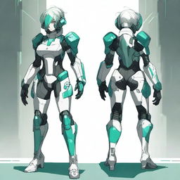 A full-body futuristic armored space soldier concept art featuring a helmetless female character with green cyberpunk hair, white armor, and extravagant teal accents