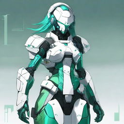 A full-body futuristic armored space soldier concept art featuring a helmetless female character with green cyberpunk hair, white armor, and extravagant teal accents