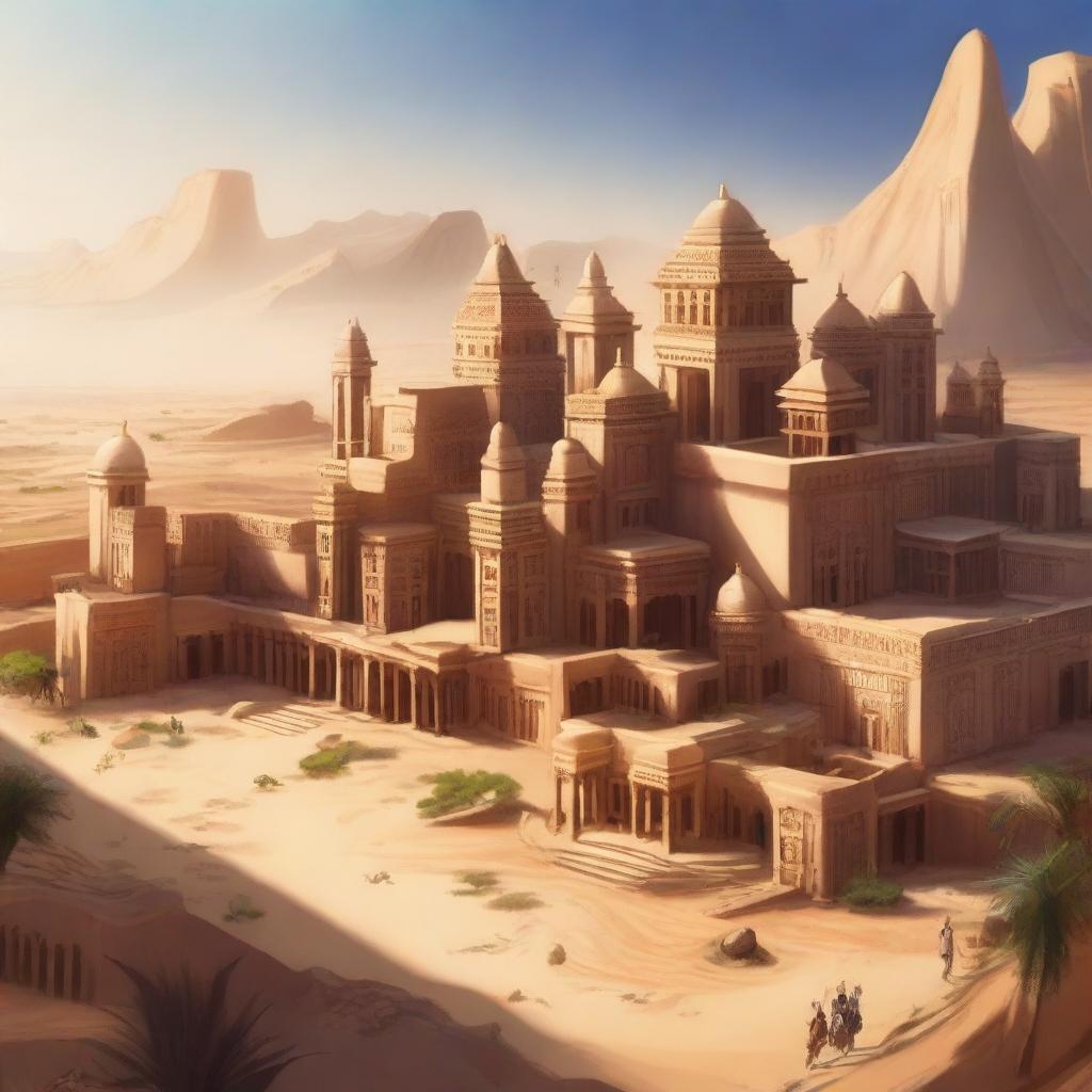 A sprawling ancient city located in a vast desert, featuring grand palaces, numerous houses, tall sandstone buildings, and intricate carvings