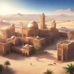 A sprawling ancient city located in a vast desert, featuring grand palaces, numerous houses, tall sandstone buildings, and intricate carvings