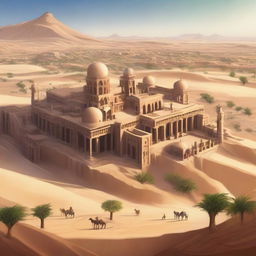 A sprawling ancient city located in a vast desert, featuring grand palaces, numerous houses, tall sandstone buildings, and intricate carvings