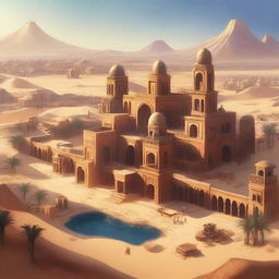 A sprawling ancient city located in a vast desert, featuring grand palaces, numerous houses, tall sandstone buildings, and intricate carvings