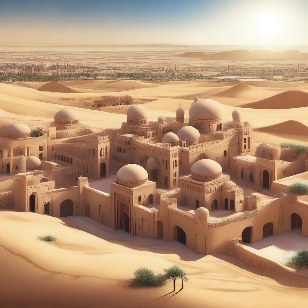 A sprawling ancient Arabic city located in a vast desert, featuring grand palaces, numerous houses, tall sandstone buildings, and intricate carvings