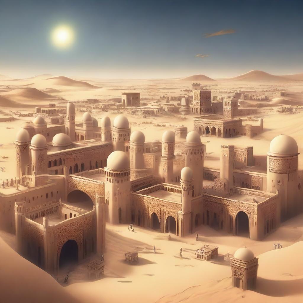 A sprawling ancient Arabic city located in a vast desert, featuring grand palaces, numerous houses, tall sandstone buildings, and intricate carvings