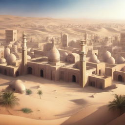 A sprawling ancient Arabic city located in a vast desert, featuring grand palaces, numerous houses, tall sandstone buildings, and intricate carvings