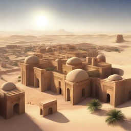 A sprawling ancient Arabic city located in a vast desert, featuring grand palaces, numerous houses, tall sandstone buildings, and intricate carvings