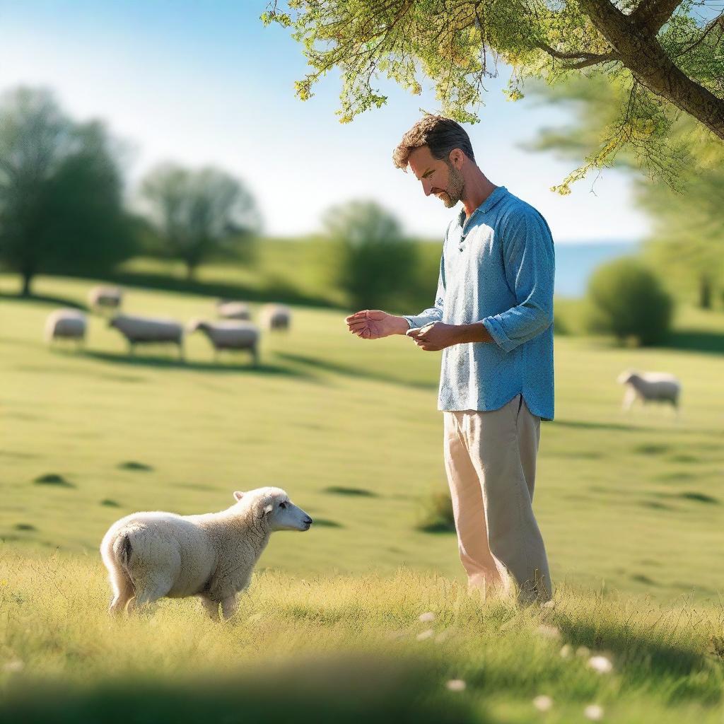 A man standing in a beautiful pasture, opening his hands to receive a small sheep