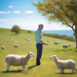 A man standing in a beautiful pasture, opening his hands to receive a small sheep