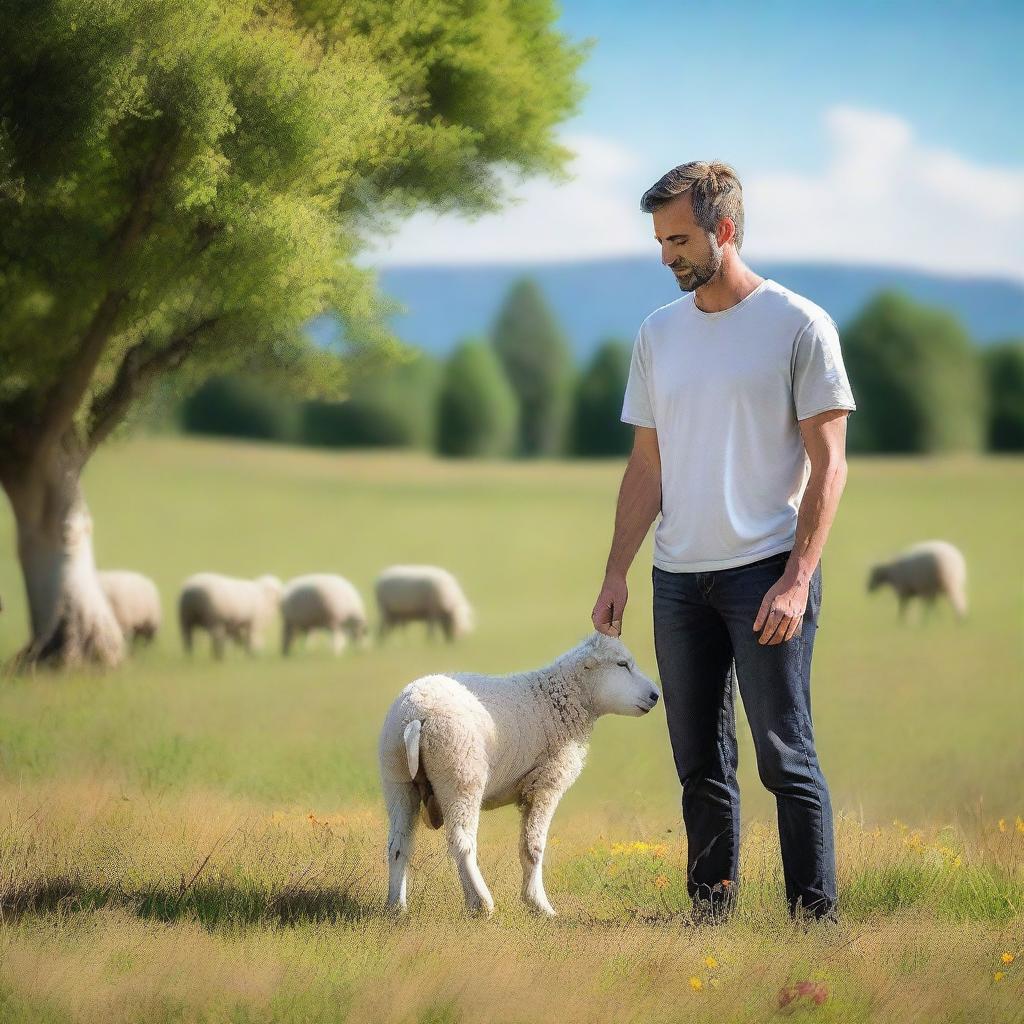 A man standing in a beautiful pasture, opening his hands to receive a small sheep