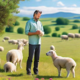 A man standing in a beautiful pasture, opening his hands to receive a small sheep