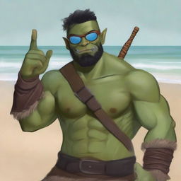 A half-orc ranger at the beach with a bow strapped to his back