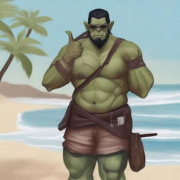 A half-orc ranger at the beach with a bow strapped to his back