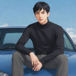 Multiple illustrations of the third anime style male character with short black hair and visible abs through his turtleneck shirt, sitting on top of a car.