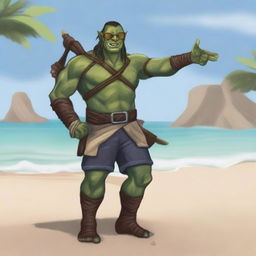 A half-orc ranger at the beach with a bow strapped to his back