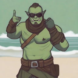 A half-orc ranger at the beach with a bow strapped to his back