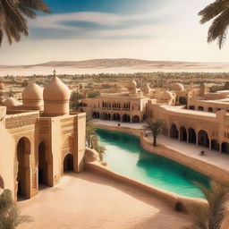 A stunning ancient Arabic city in the desert, near an oasis