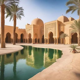 A stunning ancient Arabic city in the desert, near an oasis