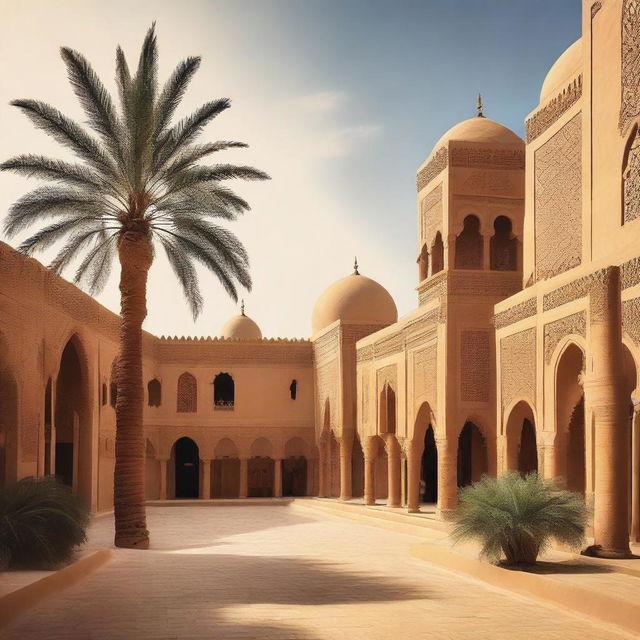 A stunning ancient Arabic city in the desert, near an oasis