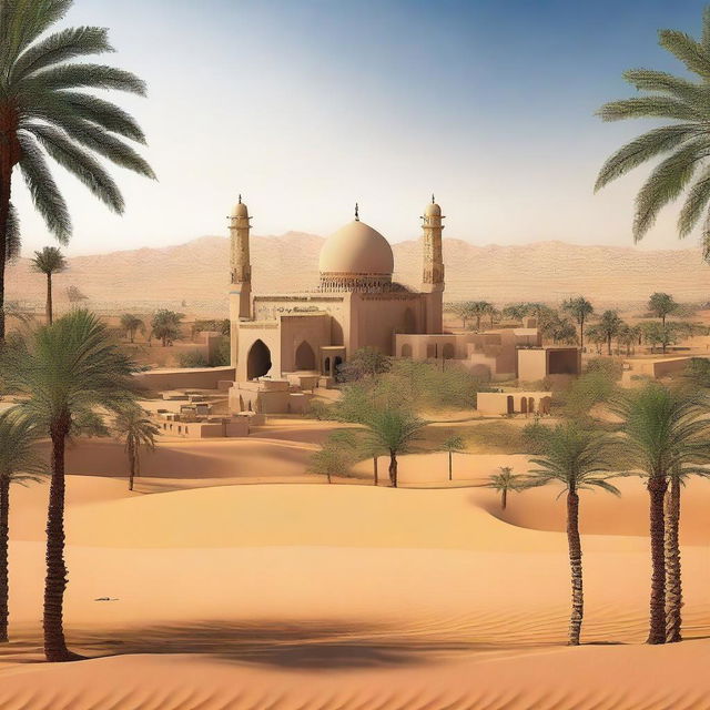 A stunning ancient Arabic city in the desert, near an oasis, viewed from a distance