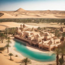 A stunning ancient Arabic city in the desert, near an oasis, viewed from a distance