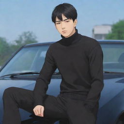 Multiple illustrations of the third anime style male character with short black hair and visible abs through his turtleneck shirt, sitting on top of a car.