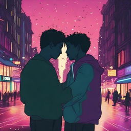 An image that shows two guys in love but experiencing heartbreak, set against a backdrop of city lights and party lights